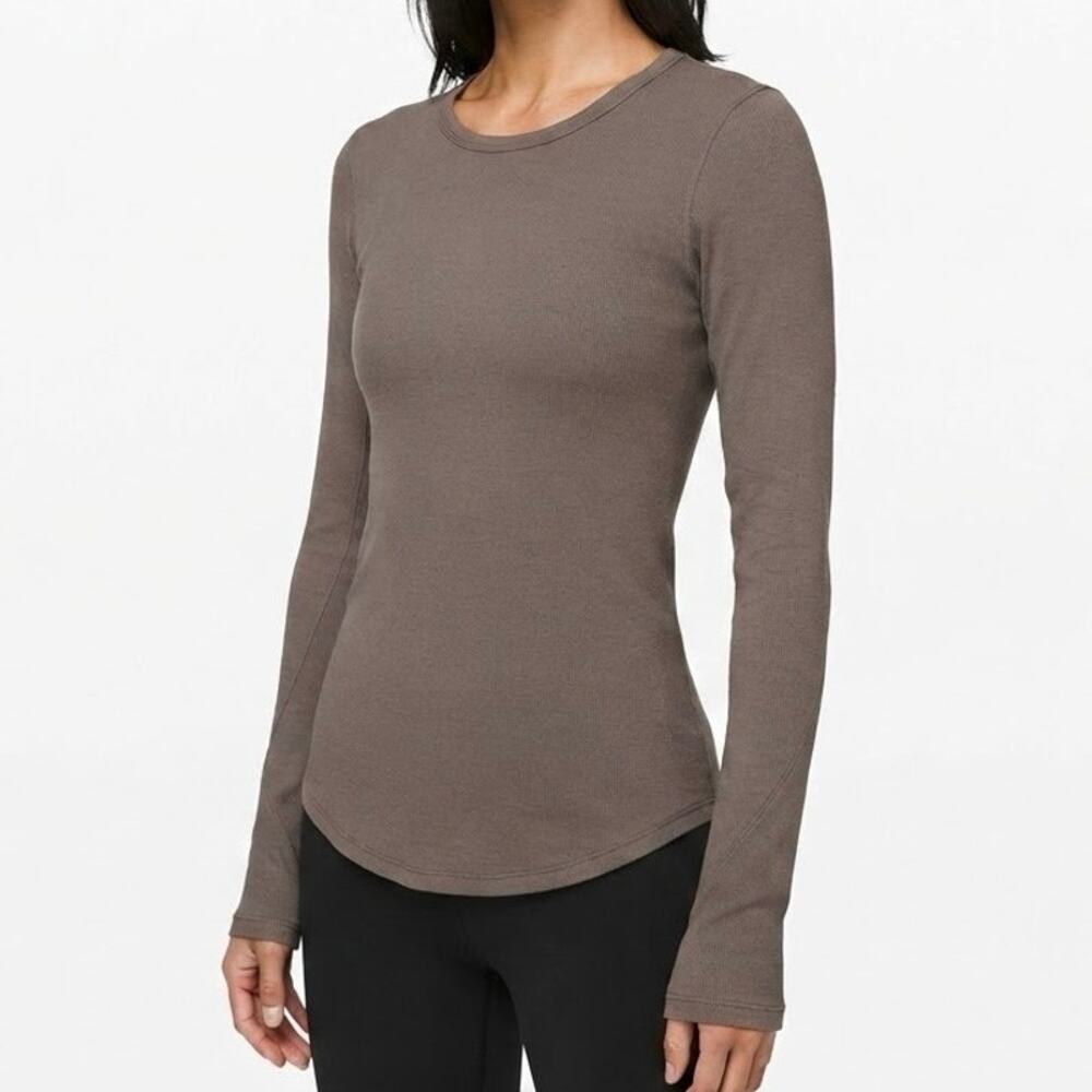 Lululemon Hold Tight Ribbed Long Sleeve Shirt Taupe Brown Athleisure Size 10